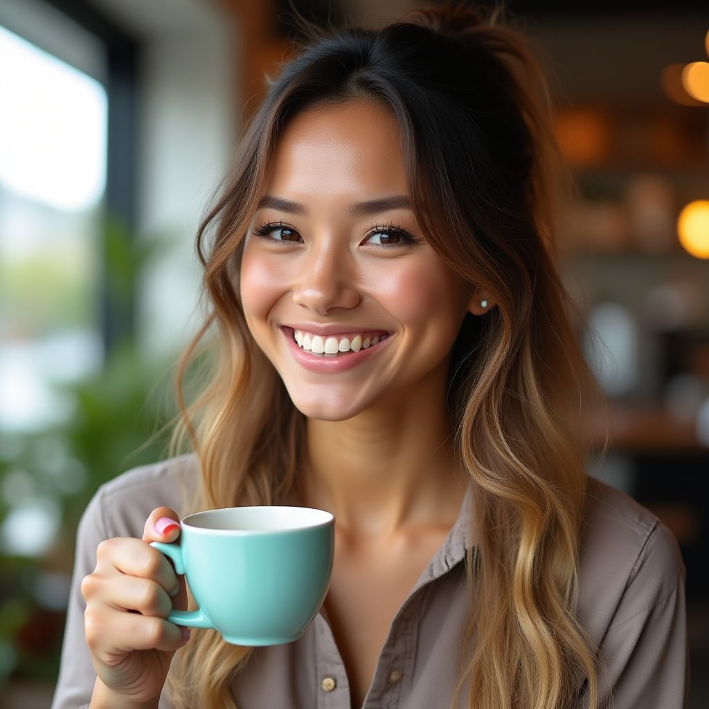 Emma, a food blogger smiling with coffee