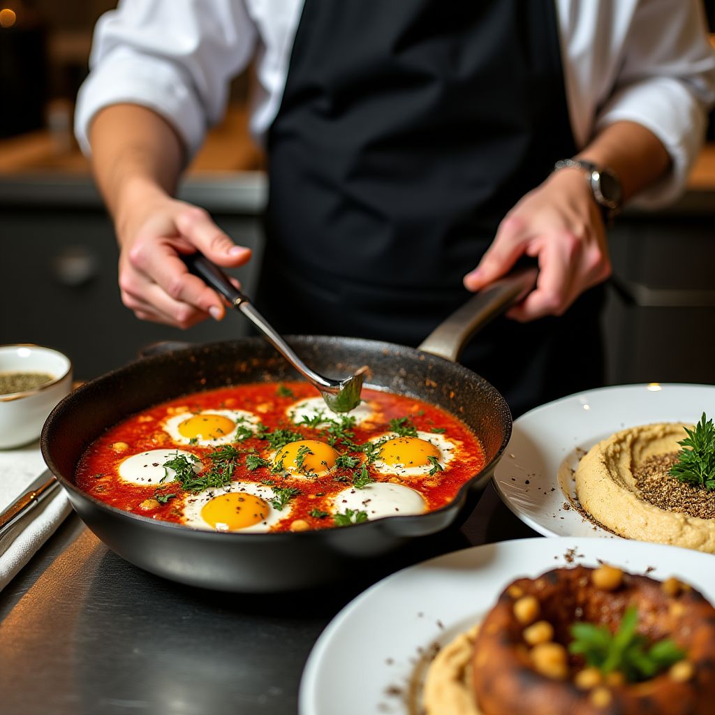 Chef preparing Middle Eastern breakfast dishes