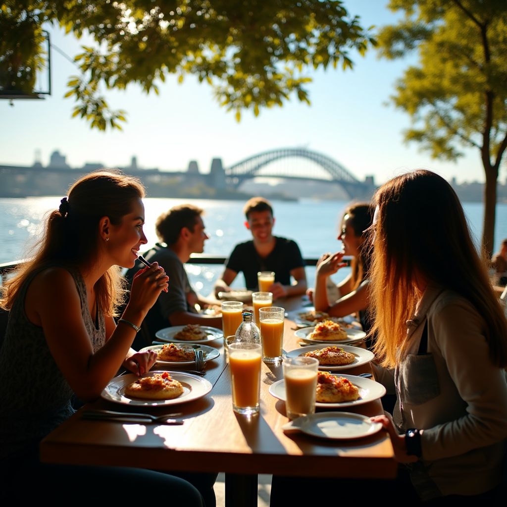 People enjoying breakfast at Sydney cafe with harbor view